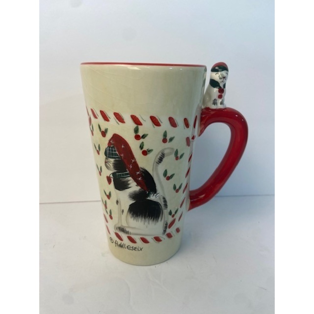 Fiddlestix Sakura Christmas Cat Mug 3D Figurine Handle Holiday Tuxedo Cat Joy